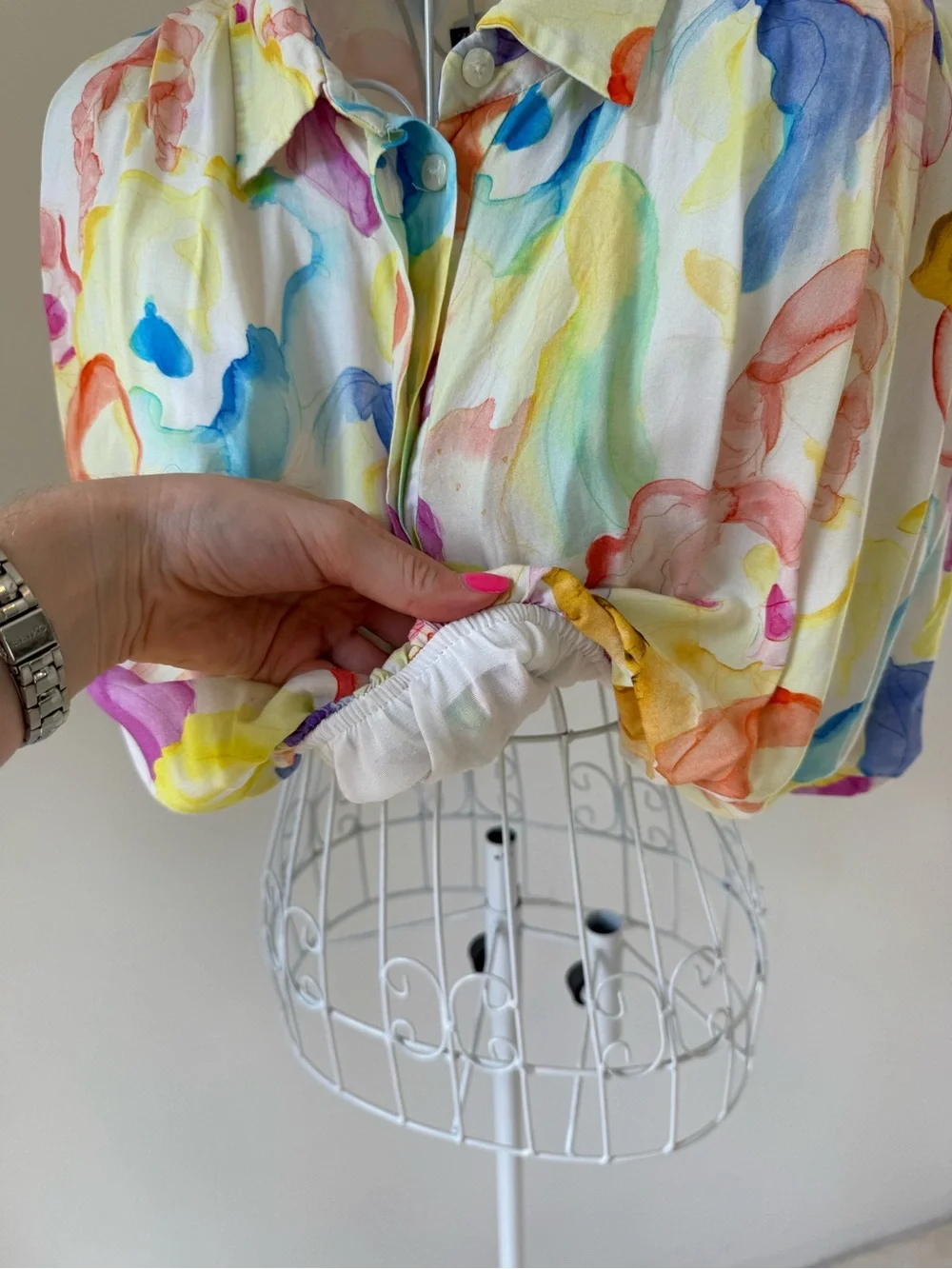 Zara Watercolor Floral Cropped Blouse Ruched Balloon Sleeve Viscose M